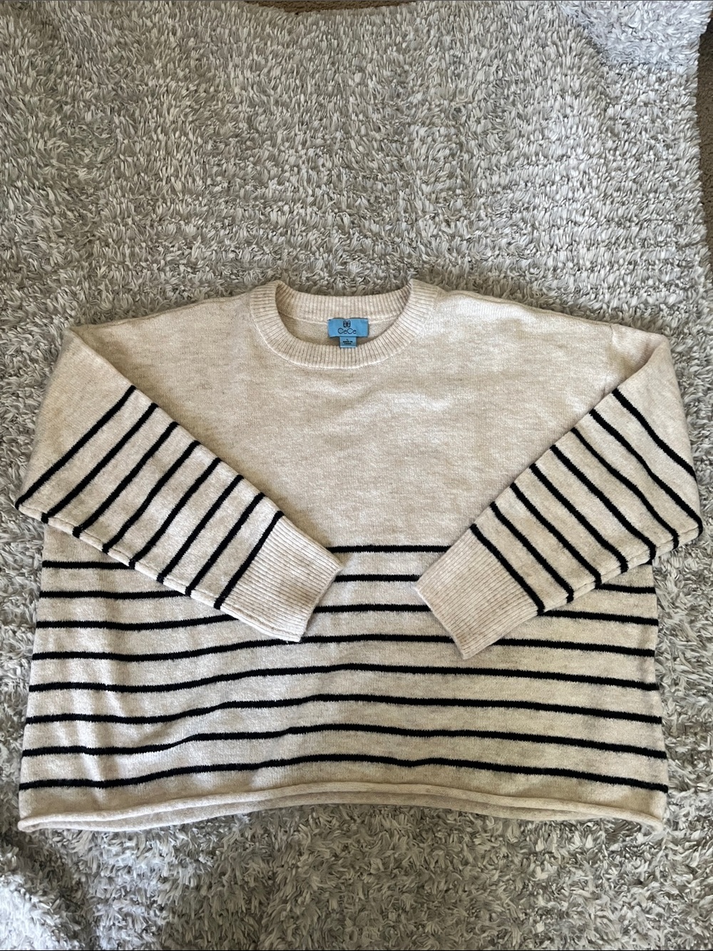CeCe Cream and Black Striped Crewneck Sweater